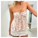 Women Strapless Tube Top Cute Fairy Top Sleeveless Ruffle Hem Vintage Y2k Going Out Top Floral L