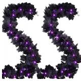 FINGOOO 2 Pack Black Garland Halloween,5.9Ft Black Vines Maple Leaf with Purple Lights for Fireplace Stairs Party Hanging Decor