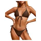 Bikinis Swimsuit Set for Women Swimwear Triangle Bathing Suit Tie String Thong (S, Brown)