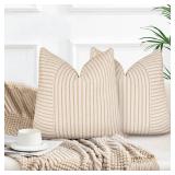 Farmhouse Pillow Covers 18x18, Modern Accent Square Throw Pillow Covers Set of 2, Khaki and Beige Striped Patchwork Linen Decorative Pillows Cushion Covers for Couch Chair Bedroom Fall Decorations