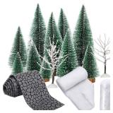 15 Pcs Christmas Village Accessories Including Artificial Snow Frost Trees Artificial Fake Snow Blanket Bare Branch Trees Accessory Cobblestone Street Accessory Figurine Village Displays for Houses