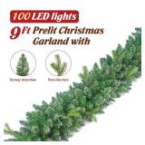 Jin&Bao 9FT Christmas Garland with Lights 100 LED Prelit Real-Like Tips and Snow Branches Garland Christmas Decorations with Timer 8 Modes for Mantle Stairs Door Outdoor Decor