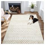 Area Rug 4x6 Geometric Rug: Washable Boho Moroccan Rugs Soft Farmhouse Rug, Modern Neutral Stain Resistant Indoor Floor Carpet for Livingroom Bedroom Dining Table Nursery(Beige,4X6)