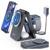 3 in 1 Wireless Charging Station for Magsafe Charger Stand, KIXUNY Wireless Charger 3 in 1, Foldable Travel Charger 3 in 1 for iPhone15/14/13/12 and Apple Watch/AirPods/(Adapter Included)