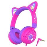 iClever Kids Headphones Cat Ear, LED Light Up, 85dBA Safe Volume, Stereo Sound Toddler Headphones for Travel School, Foldable 3.5mm Wired Kids Headphones for iPad Tablets, Meow Lollipop-Hot Pink