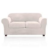 PrinceDeco 3 Pieces Couch Covers Soft Velvet Couch Covers for 2 Cushion Sofa Loveseat Covers Width Up to 72 Inch Anti Slip Love Seat Furniture Protector, Machine Washable(Medium, Ivory)