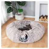 LUCKITTY Warm Fluffy Plush Cat Dog Tunnel Bed with Washable Cushion-Big Tube Playground Toys 3 FT Diameter Longer Crinkle Collapsible 3 Way, for Indoor Cat Kitty Kitten Puppy Rabbit Ferret Brown