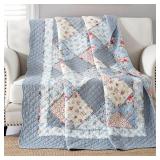 Twin Size Patchwork Quilt Blue Cotton Quilted Throw Blanket Reversible Bedspread Coverlet for Couch Sofa Lightweight Soft Floral Vintage Garden Flowers Comforter Bed Cover for Bed Home Bedroom Decor