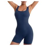 Wenlia Workout Romper for Women Shorts Athletic One Piece Jumpsuits Gym Yoga Scrunch Butt Backless Bodycon Jumpsuit Navy Blue Medium