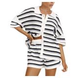 Tankaneo Womens Short Sleeve Striped Pajama Sets Color Block Crochet Knit Button Top and Shorts 2 Piece Lounge Sets Black