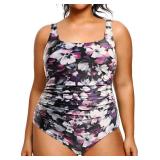 Daci Women Purple Flower Plus Size One Piece Swimsuit Athletic Tummy Control Ruched Bathing Suit with U-Back 18 Plus