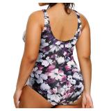 Daci Women Purple Flower Plus Size One Piece Swimsuit Athletic Tummy Control Ruched Bathing Suit with U-Back 18 Plus