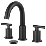 gotonovo 3 Hole 2 Handles Lavatory Basin Bathroom Sink Faucet with Pop Up Drain with Hot and Cold Mixer Valves 8 Inch Widespread Bathroom Faucet Matte Black