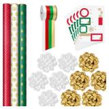 Hallmark Red Green Gold Christmas Wrapping Paper Set (90 sq. ft. ttl 10 Bows 4 Ribbon Colors 40 Gift Tag Stickers) Stripes Snowflakes Trees