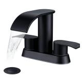 Ultimate Unicorn Waterfall Bathroom Sink Faucet Matte Black, Two Handles Bathroom Faucet with Metal Pop up Sink Drain Stopper, 2 or 3 Holes Bathroom Basin Lavatory Mixer Tap with Deck Mount Plate