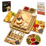 Large Charcuterie Board Set - Bonus Recipe Book - 2 Ceramic Bowls & Plates, 4 Magnetic Drawers Bamboo Cheese Knife Set, Round Tray - Christmas & Housewarming Gifts