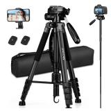 Camera Tripod, 72in Tripod for Camera Stand, Aluminum Heavy Duty Tripod for Video Photo, 5 in 1 Travel Camera Tripod & Monopod Compatible with Canon Nikon Cameras DSLR Camcorder Projector Phone