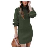 ANRABESS Women Long Sleeve Turtle Mock Neck Rib Knit Stretch Slim Fitted Bodycon Sweater Mini Short Dress 2024 Fall Outfits Army Green Small