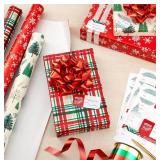 Hallmark Rustic Red and Green Christmas Wrapping Paper Set (90 sq. ft. ttl, 10 Bows, 4 Ribbon Colors, 40 Gift Tag Stickers) Snowflakes, Trees, Plaid