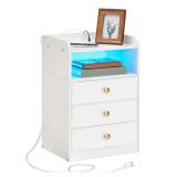 CHOEZON Nightstand with Charging Station and LED Light, End Table with 3 Fabric Drawers Chest, Bedside Table with USB Ports and Outlet, Side Table for Living Room, Bedroom, White MBZ04UDWB