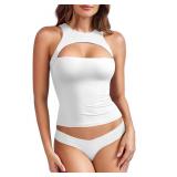 YEOREO Double Lined Tank Tops for Women High Neck Basic Y2K Going Out Tops Breynne Open Back Workout Yoga Crop Top White S