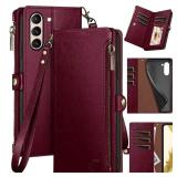 XcaseBar for Samsung Galaxy S21 Wallet case with Zipper Credit Card Holder - RFID Blocking - Flip Folio Book PU Leather Phone case Shockproof Cover Women Men for Samsung S21 case Wine Red