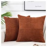 Fancy Homi 2 Packs Rust Big Decorative Throw Pillow Covers 24x24 Inch for Living Room Couch Bed, Rustic Farmhouse Boho Home Decor, Soft Corss Corduroy Patchwork Square Terracotta Cushion Case 60x60 cm