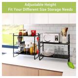 Across-Star Expandable Cabinet Shelf Organizer Rack, Stackable Kitchen Counter Storage Shelves Stand, Adjustable Height Pantry Shelf Spice Rack (Black, 2 Pack)