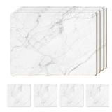 Moderry Set of 4 Heat Resistant Cork Placemats for Dining Table with Free Set of 4 Matching Drink Coasters Marble Design 16 x 12 Inches Cork Backed Hard Placemats (White Marble)