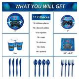 DECORLIFE 112 PCS Video Game Party Supplies Serves 16, Blue Gamer Birthday Plates, Cups, Napkins Included for Boys Birthday Decorations