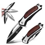 Zxcan Tactical Pocket Knife Powder Steel Stainless w/ LinerLock & Glass Breaker, Brown