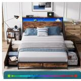 LINSY Full Size Bed Frame with Ergonomic Headboard & 4 Drawers, Fast Assembly Bed Frame with LED Lights & Fast Charger, Bed Frame Full with Storage, Noise Free, No Box Spring Needed, Rstic Brown