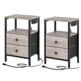 YATINEY Nightstands Set of 2, Dorm Night Stand with Charging Station, Bedside Tables with 2 Non-Woven Drawers, Side Table for Dorm Room, End Table for Small Spaces, College, Living Room ET02L2BG - Ret