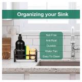 TEZZ Sponge Holder for Kitchen Sink- Stainless Steel Kitchen Sink Caddy for Organizing Sponge, Brush & Soap Dish Dispenser, Kitchen Sink Organizer Rack with Adhesive or Counter top, Black