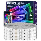 300ft Waterproof LED Strip Lights with Bluetooth App, RGB Exterior Rope Lights for Balcony, Deck, Roof, Pool - IP68, Self-Adhesive, Music Sync - Retail: $155.07