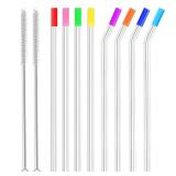 ALINK Skinny Clear Glass Straws, 10.5" x 7 mm Long Reusable Drinking Straws for 30 oz RTIC/YETI Tumblers, Mason Jars, Pack of 8 with 2 Cleaning Brush and 8 Silicone Tips