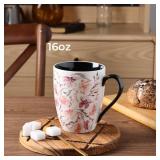 GBHOME 16OZ Large Porcelain Coffee Mugs Set of 2, Modern Floral Ceramic Coffee Mugs For Dad Mom Women Men, Light Weight Coffee Cups for Latte,Cocoa,Cappuccino, Dishwasher&Microwave Safe, Red&Black