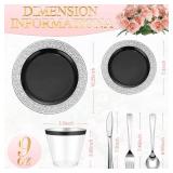 Norme 300 Pieces Disposable Plastic Dinnerware Set, 100 Plastic Plates, 150 Knives, Forks and Spoons with 50 Rimmed Plastic Cups for 50 Guests Wedding Party Supplies (Black Silver)