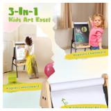 3 in 1 Easel for Kids with Wood Tray Double Sided Kids Easel with Paper Roll,Magnetic Chalkboard & White Board Height Adjustable Painting Standing Easel for Toddlers Childrens 2+ (Black)