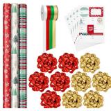 Hallmark Red, Green, Gold Christmas Wrapping Paper Set (90 sq. ft. ttl, 10 Bows, 4 Ribbon Colors, 40 Gift Tag Stickers) Plaid, Trees, Snowflakes