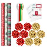 New Hallmark Rustic Red and Green Christmas Wrapping Paper Set (90 sq. ft. ttl, 10 Bows, 4 Ribbon Colors, 40 Gift Tag Stickers) Snowflakes, Trees, Plaid