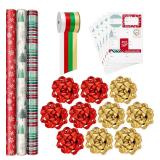 New Hallmark Rustic Red and Green Christmas Wrapping Paper Set (90 sq. ft. ttl, 10 Bows, 4 Ribbon Colors, 40 Gift Tag Stickers) Snowflakes, Trees, Plaid