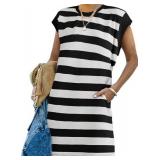 AlvaQ Striped Dresses for Women 2024 Summer Casual Loose Sleeveless Colorblock Short Mini Dress with Pocket Black White Small