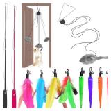 Interactive Cat Toys Set Teaser Feather Wand, Hanging Door Toy & Multiple Attachments - Telescopic Cat Fishing Pole Toy for Kitten