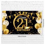 Birthday Party Decoration Extra Large Fabric Black Gold Sign Poster for Anniversary Photo Booth Backdrop Background Banner, Birthday Party Supplies, 72.8 x 43.3 Inch (21st)