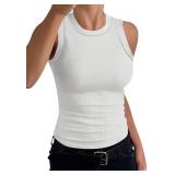 Womens 2024 Ribbed Tank Tops Summer Sleeveless High Neck Curved Hem Exposed Seam Slim Fitted Basic Shirts White Medium