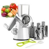 Ourokhome Rotary Cheese Grater Hand Crank, Kitchen Shredder Speed Mandolin Slicer Nuts Grinder with Handle and Drum Blades for Cheese, Vegetable, Walnuts, Chocolate, Potato, Carrot, 3 Blades, White