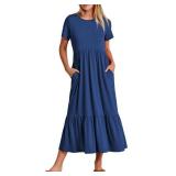 ANRABESS Women Summer Casual Short Sleeve Crewneck Aline Swing Flowy Tiered Shirt Maxi Beach Long Dress 2024 Trendy Outfits Large Blue