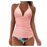 SUUKSESS Women Halter Tankini Bathing Suits Sexy Slimming Tummy Control Swimsuits 2 Pieces (Pink Floral, L)