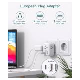 2 Pack European International Power Plug Adapter with 3 Outlets 3 USB Charging Ports(1 USB C), Travel Essentials to Italy,Greece,Israel,France, Spain (Type C)